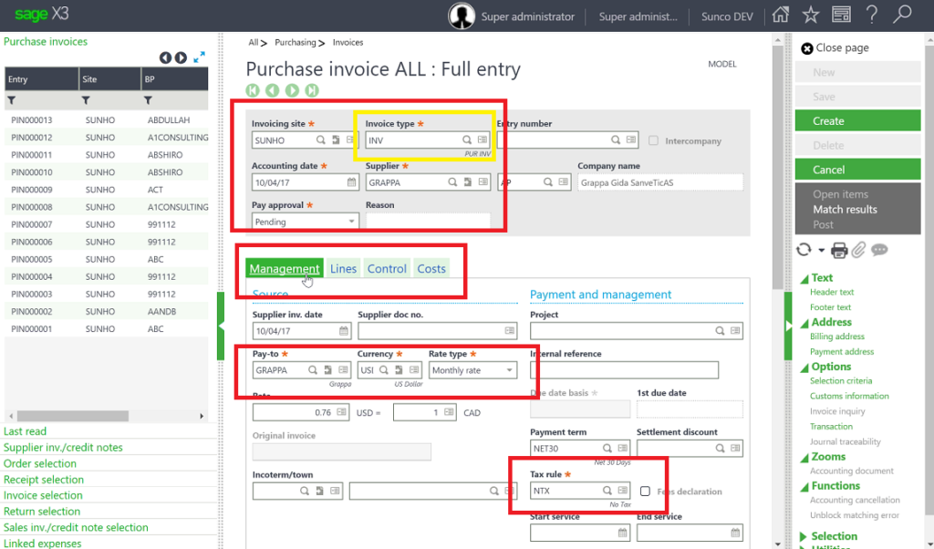 Creating Product Invoice and Purchase Receipt in Sage X3