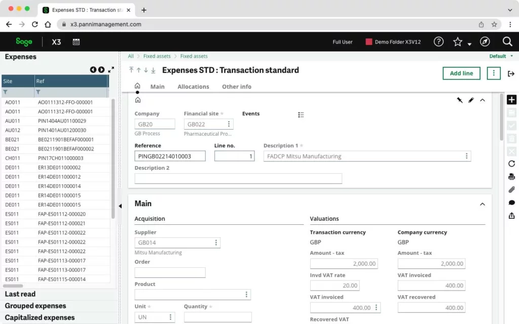 Sage X3 Screen Showing Asset Expenses