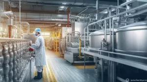 Dairy ERP Software - Concept food industry banner. Factory worker inspecting production line tanker Generative AI, Generative, AI