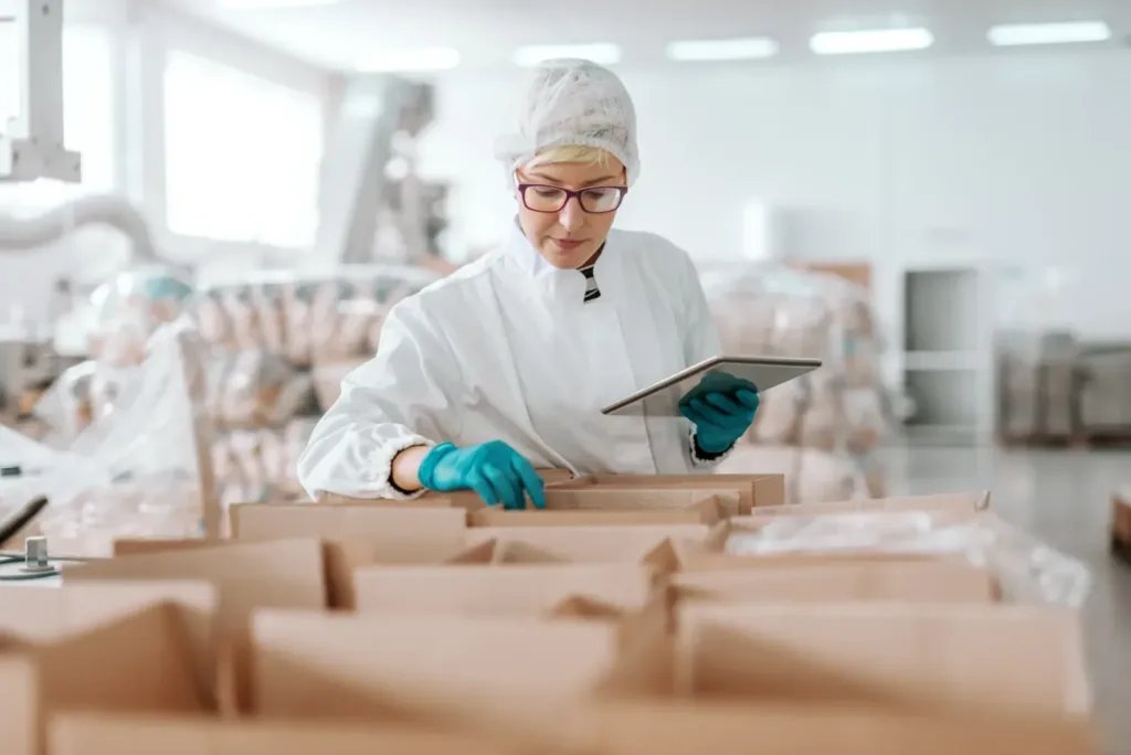 System Management Software for Efficient Food Stock Control. Young employee in sterile uniform holding tablet and counting products in boxes using Panni's Sage X3 ERP. Food factory interior.